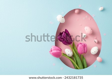 Inviting Easter creative inspiration. Top view shot of blooming tulips, confetti and painted eggs, showcased through a pink egg-shaped window on pastel blue canvas for personalized text or publicity