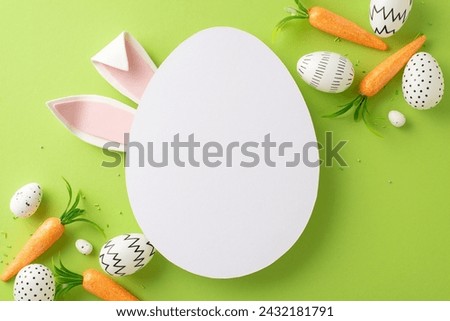 Picture Easter joy: top view of speckled eggs, carrot nibbles, and sprinkles on a gentle green canvas, accented with rabbit ears beside an egg-like opening for your unique text or adverts
