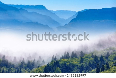 Misty view of the blue mountain range -  Beautiful landscape with cascade blue mountains at the morning Royalty-Free Stock Photo #2432182997