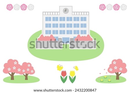 the clip art of an elementary school in springtime when cherry blossoms bloom.