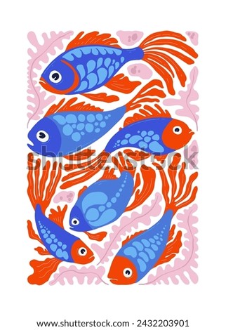 Underwater world, ocean, sea, fish and shells vertical flyer or poster template. Modern trendy Matisse minimal style.