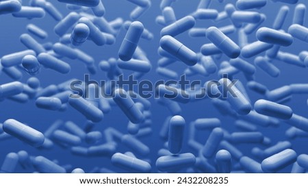 Blue 3D background with slowly floating capsules. Smoothly floating and colliding pills and capsules. Medical capsule with biomedical concept. 3d rendering
