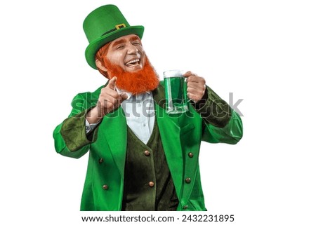 Leprechaun elf symbol of St. Patrick's Day. Cheerful character Irish leprechaun with a red natural beard in a green suit and green hat for advertising. Cosplay at the festival on March 17th.