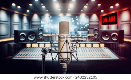 Professional microphone in radio studio and on air sign Royalty-Free Stock Photo #2432232105