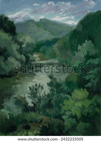 Oil painting. Landscape. A river flowing between mountains with green vegetation. Photo of an oil painting. Vertical image.