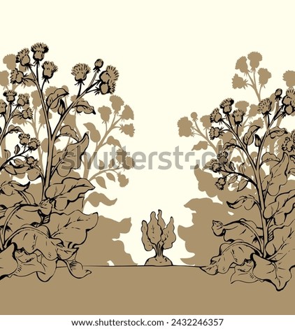 Big green row grass thorn burdock bloom outdoor yard scene outline black hand drawn farmer root eco bio turnip seed eat fight sign icon symbol. Closeup scenic view retro art doodle line sky text space Royalty-Free Stock Photo #2432246357