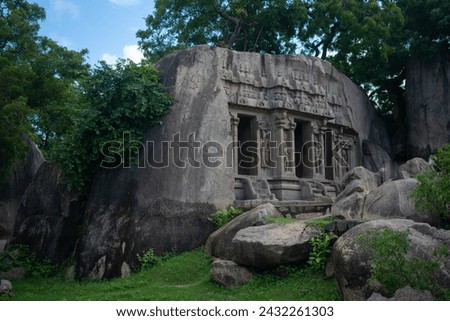 Picture of Shiva temple at UNESCO world heritage site of Mahabalipuram. Ajanta, Ellora, Hampi ancient stone sculpture carvings sacred pilgrimage archeology tourist, sanatan, caves, sculpture, rocks Royalty-Free Stock Photo #2432261303