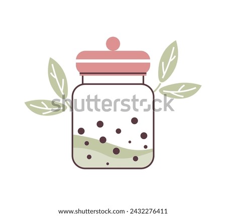 Green ground pepper in jar. Logo or icon. Glass jar with spices against  background of leaves close-up. Editable file. Flat vector illustration on white isolated background. Simple minimalism.