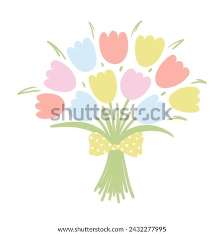 Bouquet of tulip flowers tied with ribbon hand drawn illustration. Flat style design, isolated vector. Easter holiday clip art, seasonal card, banner, poster, element. Spring blossoms, blooms, florals