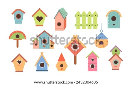 Set of Wooden Bird Houses, Colorful Feeders of Different Design with Slope Roof. Birdhouses, Home or Nest with Round, Arched or Heart Holes Sweet Homes. Cartoon Vector Illustration, Icons, Clip Art