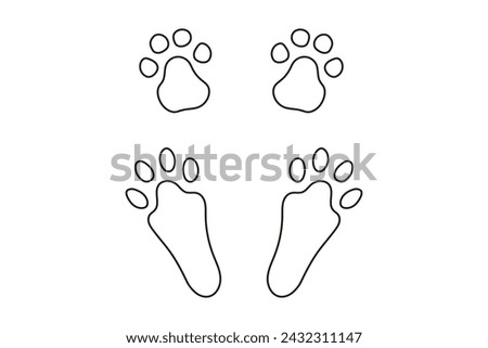 Rabbit or hare paw footprints. Paw prints of Easter Bunny. Black outline isolated on white background. Concept of animal tracks. Icon, symbol, print, postcard, booklet, pet store, zoo