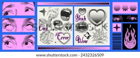 Set of trendy different bitmap or halftone elements. Pixel style. Retro futuristic clip art shapes. Vector illustration. Stars, pixel hearts, eyes, mouth, rose, fire. Magazine clippings.