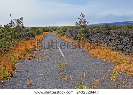 Road, landscape and volcano street in nature with lava rocks, plants and grass for travel, adventure and roadtrip. Dead end, deserted path and location in Hawaii with blue sky, roadway or environment