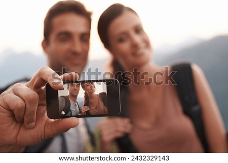 Phone, selfie or happy couple on holiday for travel for memory, social media or sightseeing. Hiking picture, photo and man with a woman for outdoor adventure or tourism in Rio de Janeiro, Brazil