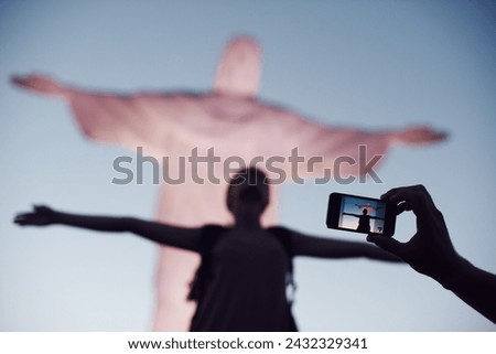 Jesus, woman or photo of tourist, statue or sculpture for travel, christian faith or holiday. Christ the redeemer, picture or monument for tourism, God or religion symbol in Rio de Janeiro, Brazil