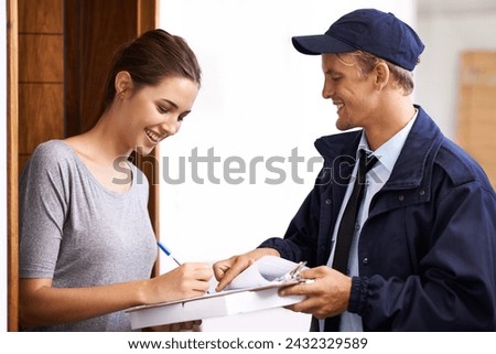 Delivery, online shopping and woman sign documents, forms and application for package, parcel and box. Courier, ecommerce and people with paperwork for shipping, supply chain and distribution in home