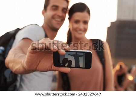 Holiday, selfie or happy couple hiking for travel for vacation memory, outdoor or sightseeing in city. Christ the Redeemer, photo or romantic people on adventure for tourism in Rio de Janeiro, Brazil