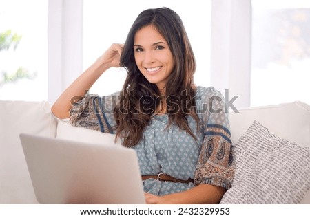 Woman, laptop and smile on couch for portrait with remote work from home, living room or freelance editing. Person, happy writer and computer on sofa for typing, creativity and article in Barcelona