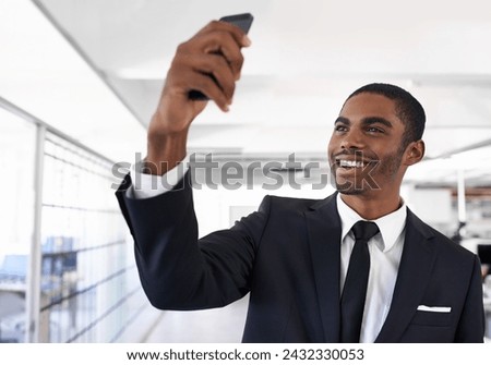 African man, selfie and office for business with suit for photography, memory and happy for post on web. Person, corporate employee and influencer with smile for profile picture, blog or social media