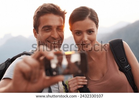 Outdoor, selfie or happy couple trekking for travel for vacation memory, holiday or sightseeing. Hiking picture, photo or man with a woman for adventure or tourism in park in Rio de Janeiro, Brazil
