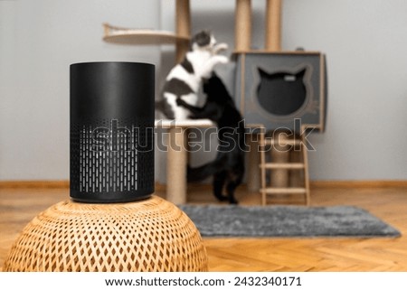 air purifier in the area with pets or cat. Air Pollution Concept. Air purifier, filters out invisible viruses, allergens or pollutants in the house on a cat tree background. Cute cat and Air purifier Royalty-Free Stock Photo #2432340171