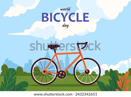 World bicycle day poster. International holiday and festival 3 June. Eco friendly transport. Active lifestyle and sport. Travel and trip. Poster or banner. Cartoon flat vector illustration