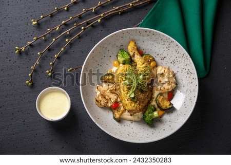 grilled meet with grilled vegetables isolated in plate, dark background, green floral