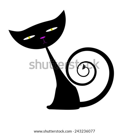Black cat with yellow eyes and violet nose with long curly tail with cat's head on the end of it isolated on white background. Logo template, design element, label in flat style