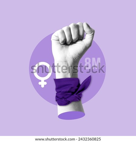 Marching women, closing fist, purple scarf, tied scarf, women's movement, feminism, represents, group of women, March 8, woman sign, International Women's Day, Latin American Ethnicity, Demonstration