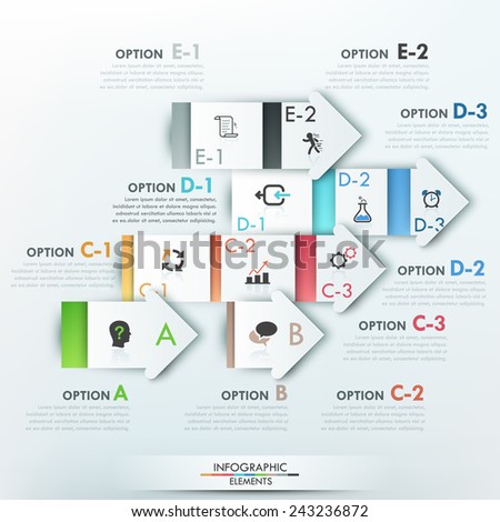 Modern infographics options banner with 5 white paper arrows divided into steps. Vector. Can be used for web design and  workflow layout
