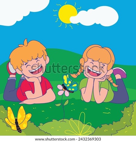 two children, a boy and a girl were laughing happily seeing a butterfly landing on a flower. vector illustration