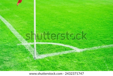 The corner with red flag at soccer field on green grass.