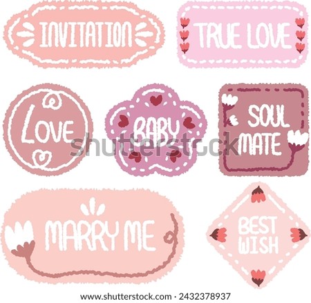 Collection of wedding theme speech bubbles.Romantic memo labels.Hand drawn doodle lettering quote frame with tulip pattern. Set of sticker for the wedding invitation. marry me  labels, Love Baby tags.