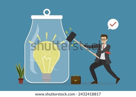 Businessman punches glass jar with hammer. New business ideas search. Difficult task, brainstorming. Office worker solves business problem. Creative employee. Cartoon flat vector illustration