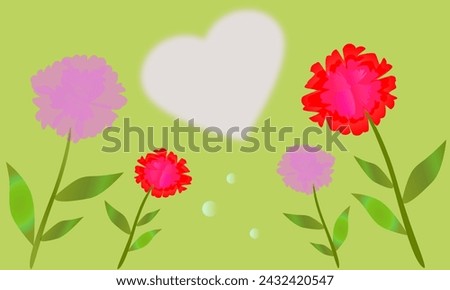 With a green background, there are pink and red carnations with light and dark colors beside a love shape and under the love are some water drops  