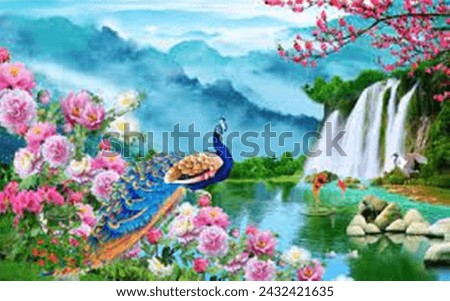 picture of beautiful waterfall with flowers and peacock