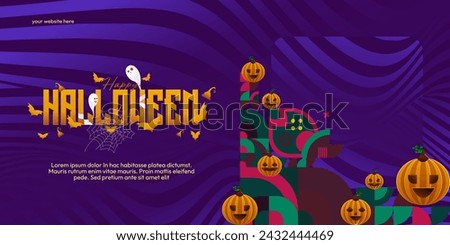 Happy Halloween background in geometric style. Happy Halloween cover with pumpkins, spider webs and typography. Suitable for posters, greeting cards and party invitations for Halloween celebrations
