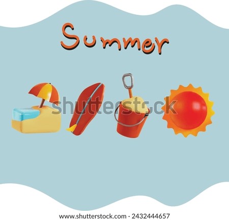 3d vector summer beach and surfboard icon, sun cute render illustration clip art