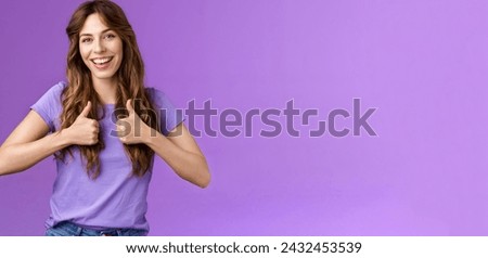 Good idea lets do it. Cheerful upbeat feminine girl recommend good skincare product professional stylish like new hairstyle show thumbs up sign agree approving nice job encourage well done. Royalty-Free Stock Photo #2432453539