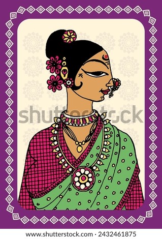 Enchanted Elegance: A Mesmerizing Madhubani Portrait of an Indian Lady. Echoes of Tradition: A Handpainted Madhubani Journey with an Indian Woman. Madhubani painting, Portrait, India Royalty-Free Stock Photo #2432461875