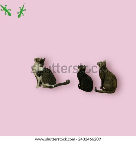 Three house cats sitting in line observing two green cartoon house gecko isolated on a pink background.