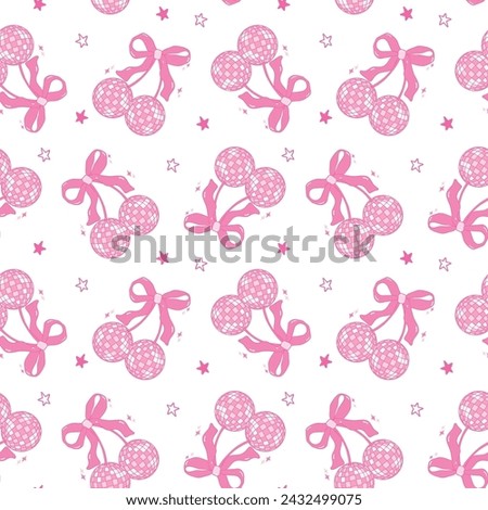 Pink Coquette Disco ball cherries pattern seamless groovy doodle outline isolated on white background.	
