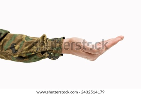 Military man hand with palm up isolated on white
