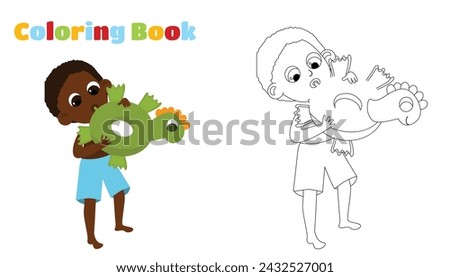Coloring page. The boy inflates a rubber circle for swimming. The child is wearing shorts.  Cartoon illustration.