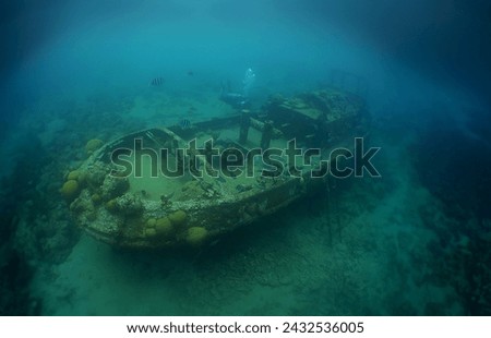 a small ship sunk on a reef on the island of Curacao Royalty-Free Stock Photo #2432536005