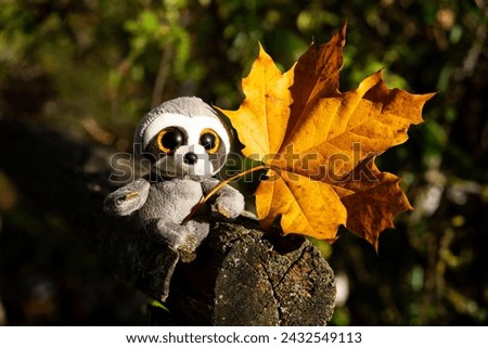 A small plush sloth on a wooden fence holding a yellow autumn leaf