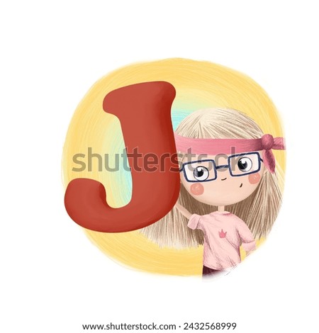 Cute little girl with letter J. Colorful cartoon graphics. Learn alphabet clip art collection on white background