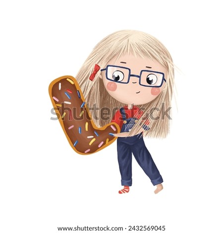 Cute little girl with chocolate donut- letter L on white background. Learn alphabet clip art collection