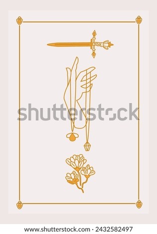 Esoteric poster Hand with amulet and diamond, magic golden sword and mystic flower with three branches on white background. Boho style vector outline illustration.