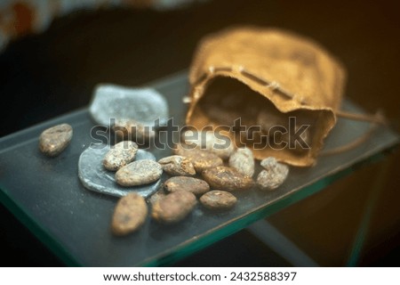 Leather bag with cocoa seeds used as currency in ancient times in selective focus.